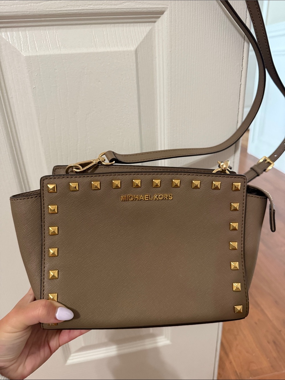 Michael Kors Taupe Crossbody with Gold Studs